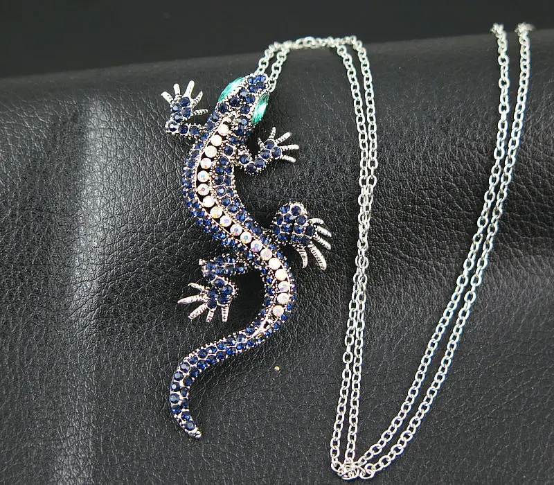 Массивное ожерелье Gecko Ящерица с кристаллом длинная цепочка под свитер кулон