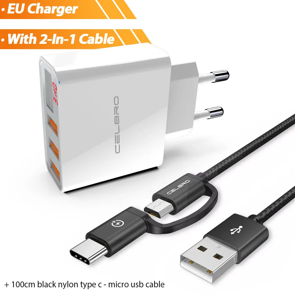 3.4A EU and cable wh 3 порта Usb настенное зарядное устройство адаптер ЕС США вилка Usb зарядное устройство для телефона светодиодный дисплей Универсальное зарядное устройство Usb для нескольких телефонов - Тип штекера: 3.4A EU and cable wh