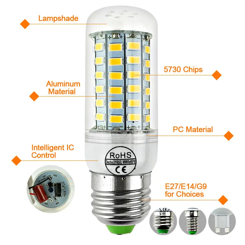 Светодиодная лампа E27 E14 G9 SMD 5730 110V LED Bulb 220V 24 36 48 56 69LED s Lampada led кукуруза для люстры
