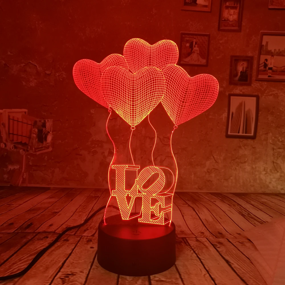 3D иллюзия 4 воздушные шары в форме сердца ночник USB 7 видов цветов сенсорный стол
