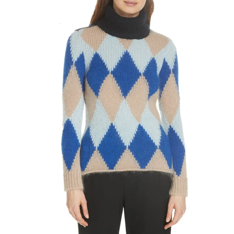 Hit Color Argyle Winter Sweater Women 2018 Fashion Turtleneck Pullover Classic Diamond Plaid Knit Sweaters Retro Geometric Tops | Женская