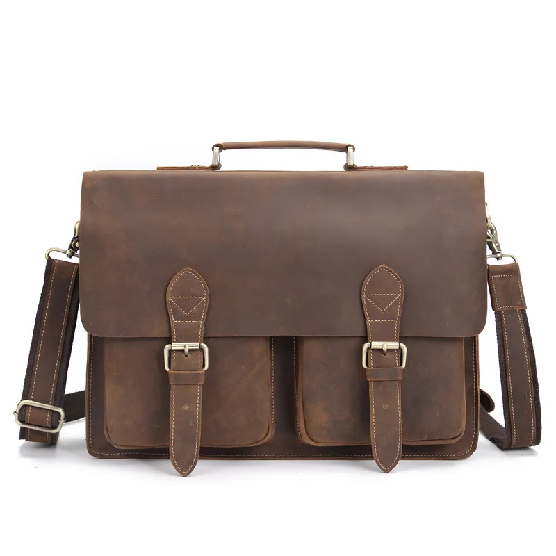 Genuine Leather Briefcase Men 15.6 Inch Laptop Business Portfolio Hand Bag Vintage Crazy Horse Men's Messenger Shoulder Bag Male