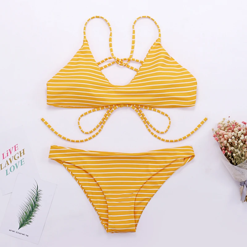 2019 New Women Push Up Bikini Striped Print Swimwear Swim Bathing Suits Female Bandage Swimsuit Biquini Beachwear |