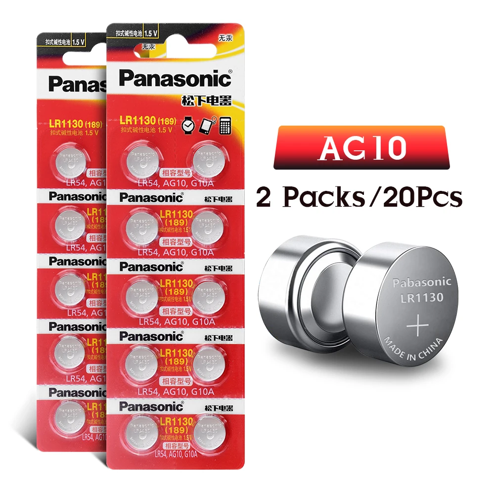 20 шт./лот Panasonic Батарея сотовый 1,5 V AG10 LR1130 Щелочная батарейка-кнопка AG10 389 LR54 SR54 SR1130W 189 LR1130 аккумуляторы таблеточного типа