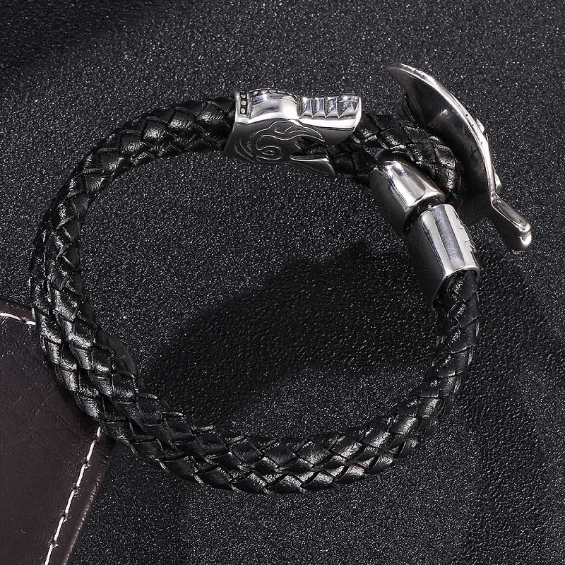 Punk Stainless Steel Skull Cross Buckle Men Black Double Layer Braided Leather Charm Bracelets Rock Male Wrist Band Gifts ST757 | Украшения