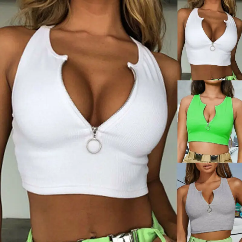 2019 сексуальные трикотажные майки на молнии женские укороченные топы Camis футболка