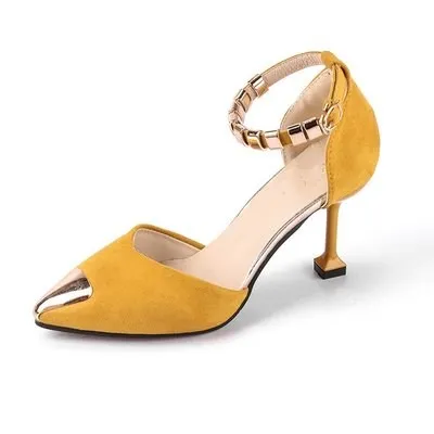 yellow 6cm Женские летние сандалии; женская обувь с закрытым носком в Корейском стиле; модная обувь на высоком каблуке из искусственной кожи зеленого цвета; женские сандалии с острым носком; sandalias mujer; - Цвет: yellow 6cm
