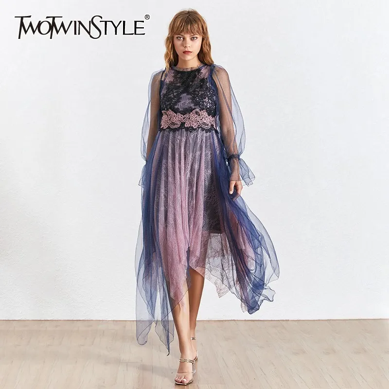 TWOTWINSTYLE летнее элегантное кружевное лоскутное платье для женщин с круглым вырезом и длинным рукавом с высокой талией асимметричное Сетчатое женское платье