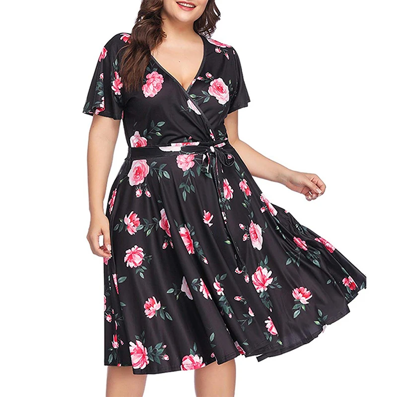 Wipalo 2019 Women Flower Leaf Print Plus Size Summer Dress Casual V Neck Short Sleeve Wrap Ladies Big 5XL Vestidos | Женская одежда