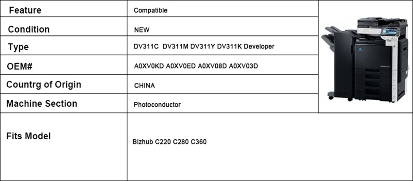 4X/комплект CMYK разработчик DV311 для Konica Minolta тонер Konica Minolta Bizhub C220 C280 C360 A0XV0KD A0XV0ED A0XV08D A0XV03D развития