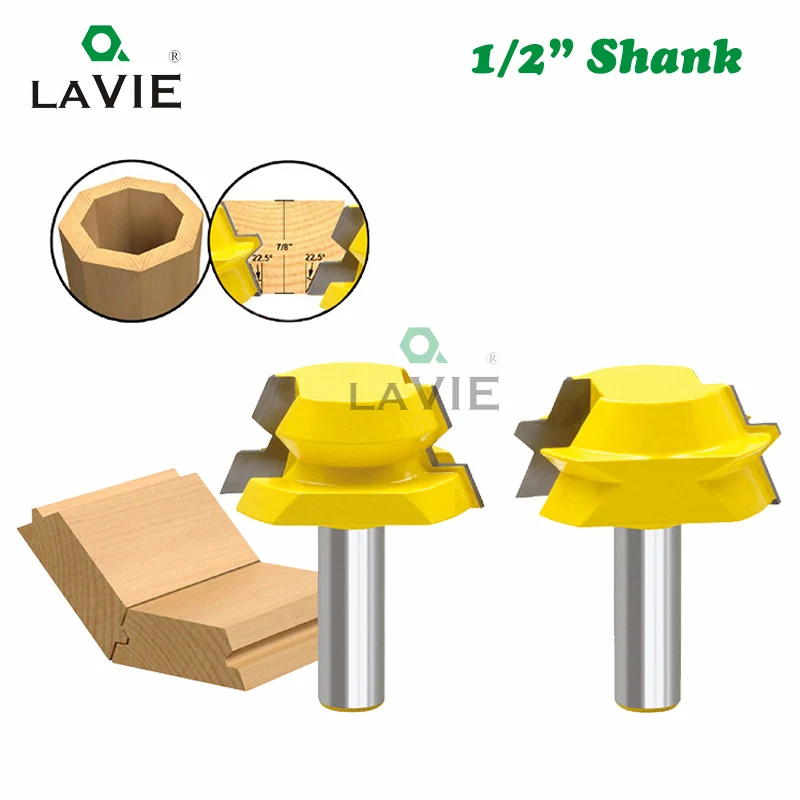 

LAVIE 2pcs 12mm 1/2" Shank Lock Miter Tenon Router Bits 22.5 Degree Glue Joinery Milling Cutter Set Woodworking Cutters MC03114