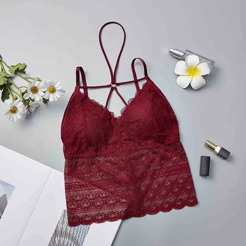

2019 Summer Women Tights Vest Lace Sexy Hanging Neck Bottoming Cut Shirt Beautiful Back Bra Top
