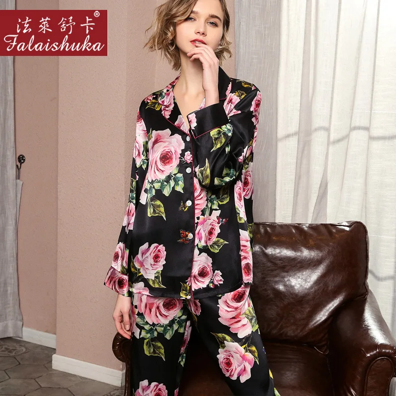 New 100% mulberry silk pajamas sets women summer sexy black flower elegant long sleeves pure genuine silk womens pyjamas