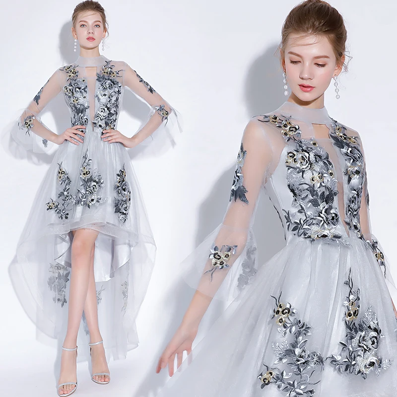 Женское вечернее платье с глубоким вырезом Robe De Soriee серое высоким воротом и