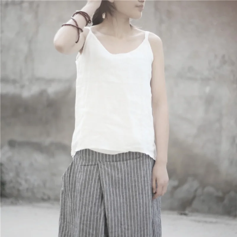 

ORIGOODS Solid Black White Linen Tank Top Women Slim Cute Sexy Camisole Summer Casual Linen Tank Top Camis Tops D064