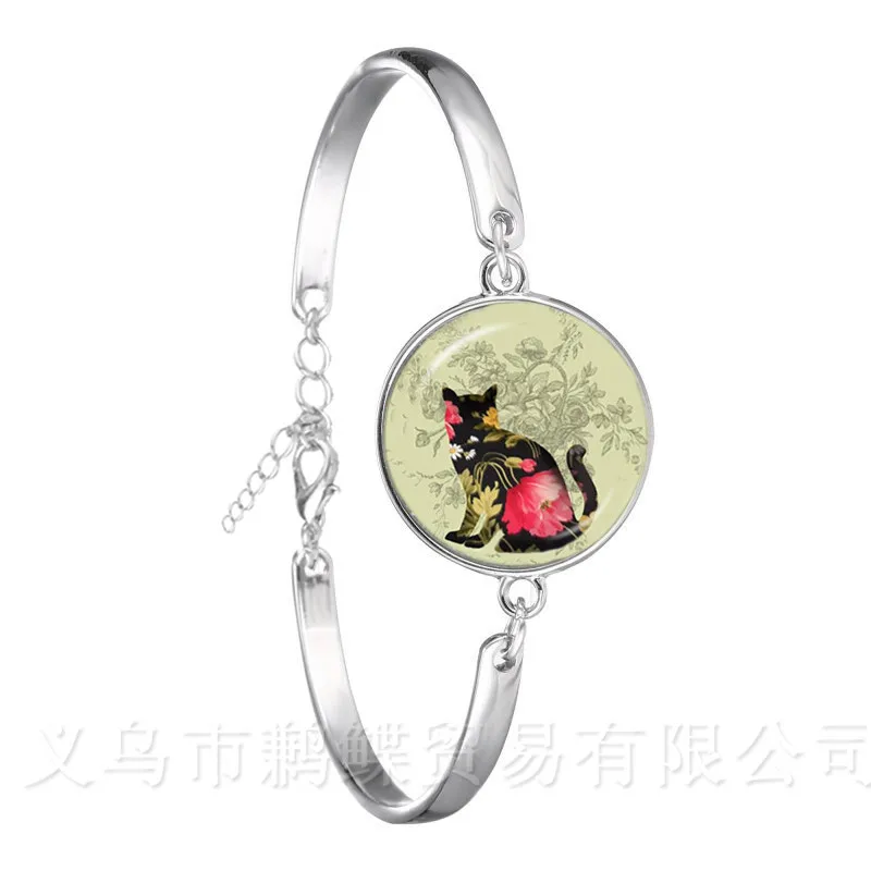 Кошачий питомец винтажный браслет со стеклянным кабошоном животным серебряное