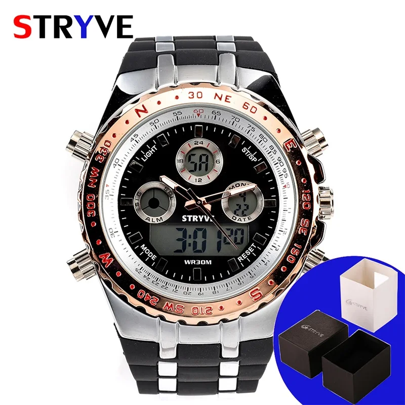 STRYVE Montre Homme многофункциональные спортивные часы для мужчин армейские военные светодиодный аналоговые часы S Shock Роскошные Мужские Цифровые кварцевые часы - Цвет: Gold