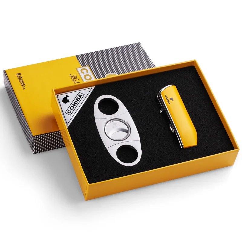 Цвет: желтый 50 шт./партия COHIBA обрезки сигар бутан 3 Факел реактивная зажигалка с резак для сигар удар аксессуары ветрозащитная зажигалка - Цвет: Цвет: желтый