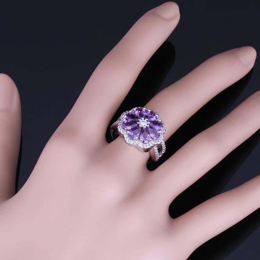 Rare Flower фиолетовый кубический циркон белый CZ Кольцо из стерлингового серебра 925
