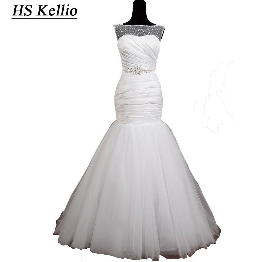 

HS Kellio Pleated Satin Wedding Dress Mermaid Beaded Belt Bridal Dresses Real Photos Vestido De Novia