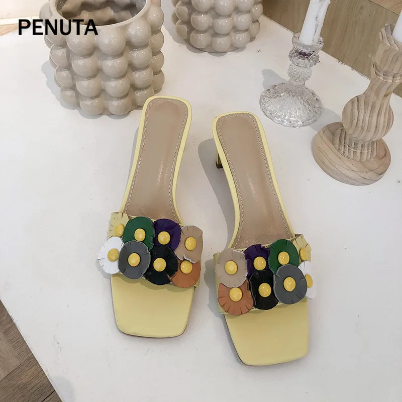 PENUTA/шлепанцы на высоком каблуке; женские модные шлепанцы из натуральной кожи; новые дизайнерские женские туфли без задника с цветочным узором в европейском стиле; PT920
