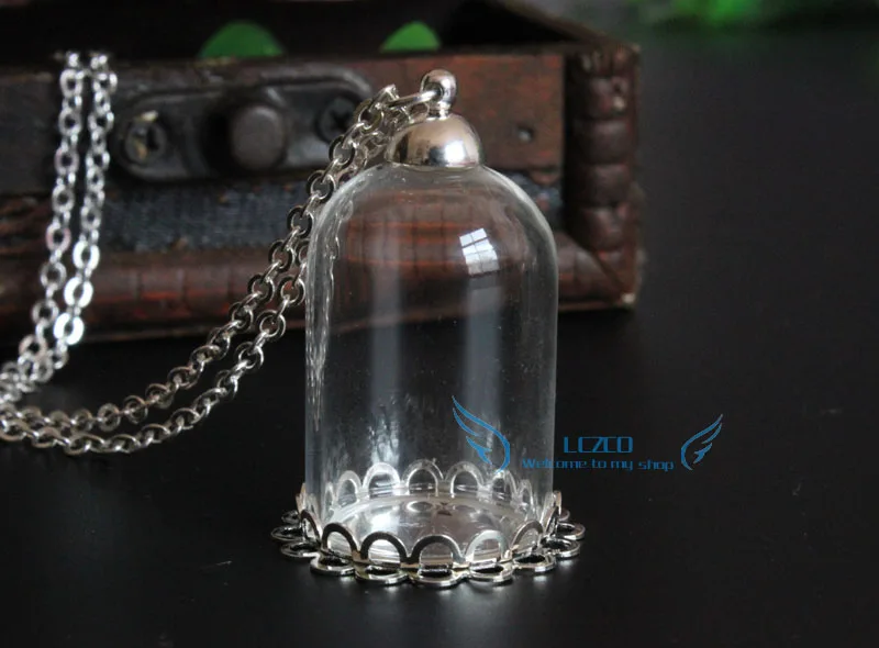

10sets 30x20mm glass globe domes &20mm double lace base& silver plated cap necklace kit