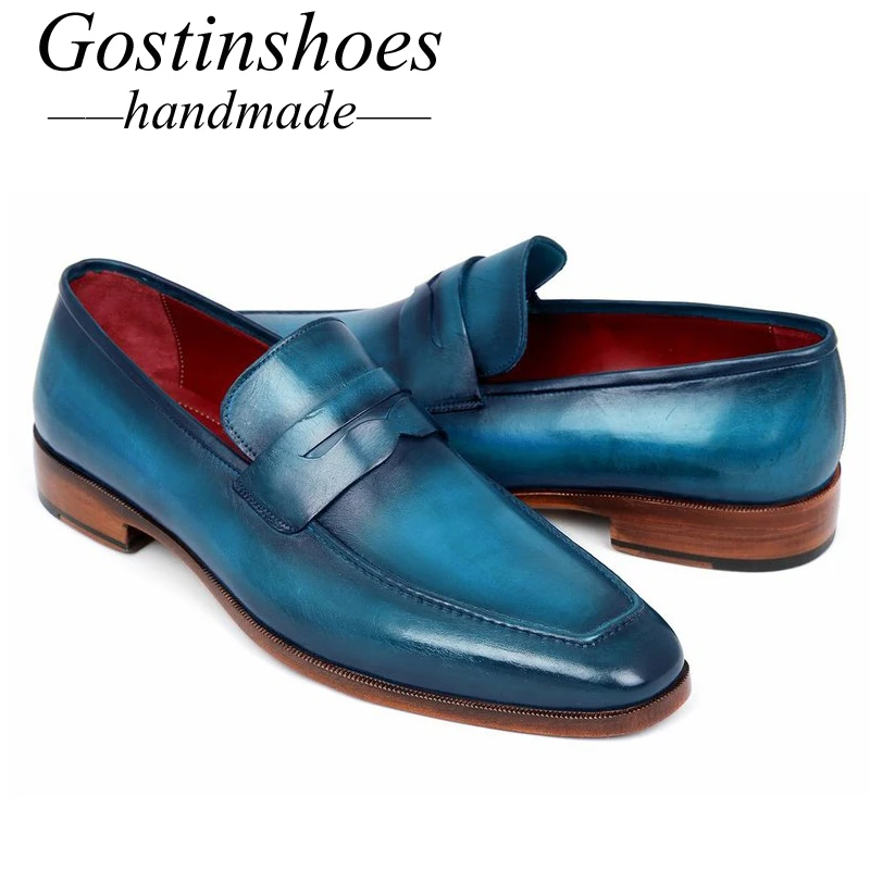GOSTINSHOES/Мужская обувь ручной работы; повседневные роскошные мужские лоферы из натуральной кожи ручной работы; цвет синий; SCT06