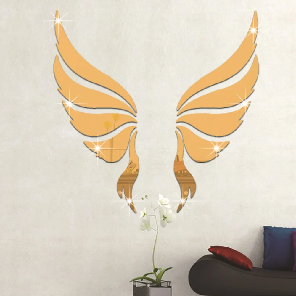 10 Pcs/Set 3D Acrylic Mirror Surface Wall Sticker Angel Wing Design for Room Wall Background Decoration Golden Silver Removable