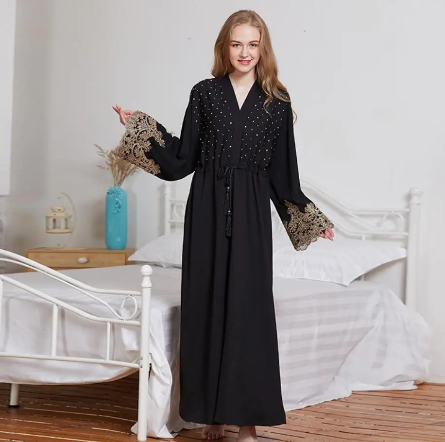2018 Elegant Women's Embroidery bat Sleeve Muslim Dress fashion Lace Drilling Islamic Clothing Hijab Abaya a1054 | Тематическая