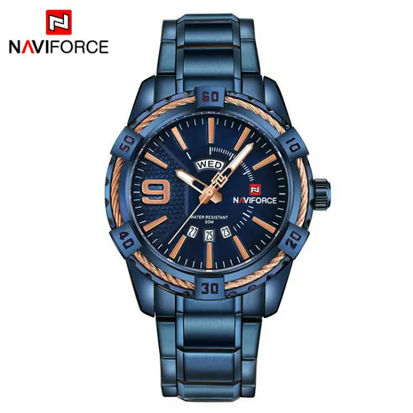 NAVIFORCE брендовые новые мужские спортивные часы, мужские водонепроницаемые аналоговые кварцевые наручные часы, мужские золотые часы с календарем из нержавеющей стали - Цвет: Blue