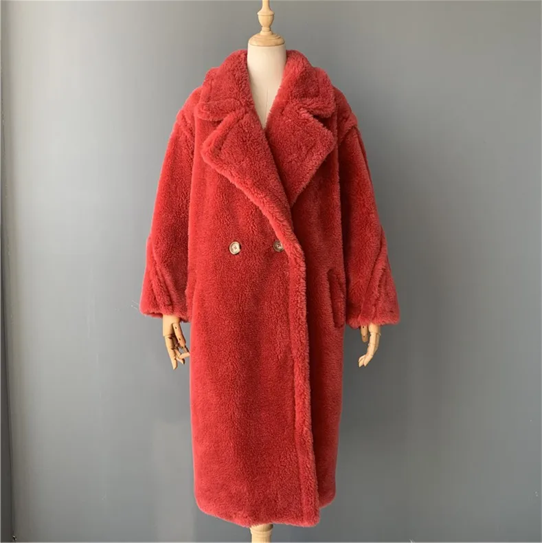 Long Red MAOMAOFUR натуральная шерсть Teddy Bear пальто Женская Зимняя мода натуральном овечьем меху Меховая куртка женские теплые ботфорты Костюмы; шерстяная Верхняя одежда для детей - Цвет: Long Red