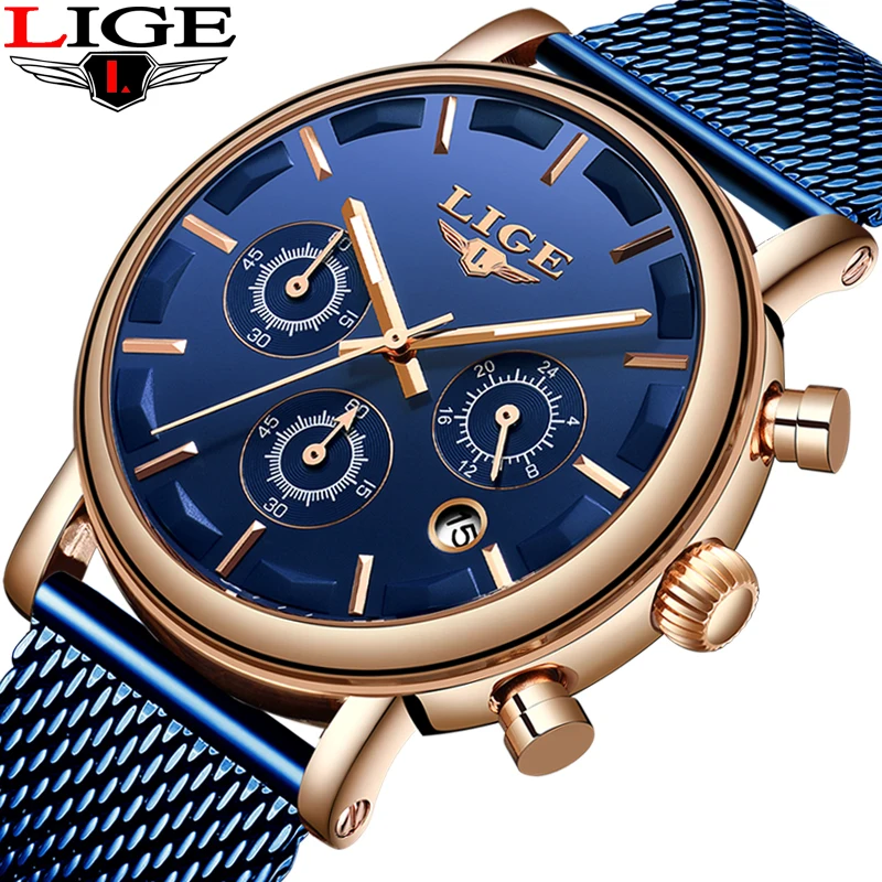 Relogio Masculino 2019 LIGE модные синие мужские часы из нержавеющей стали для мужчин военные