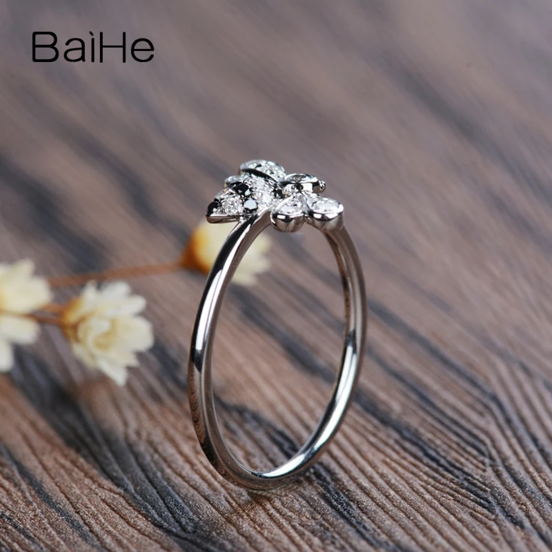 BAIHE Solid 14K White Gold 0.18ct H/SI Natural Diamonds+Black Diamonds Women Trendy Fine Jewelry Beautiful diamond bee Ring | Украшения и