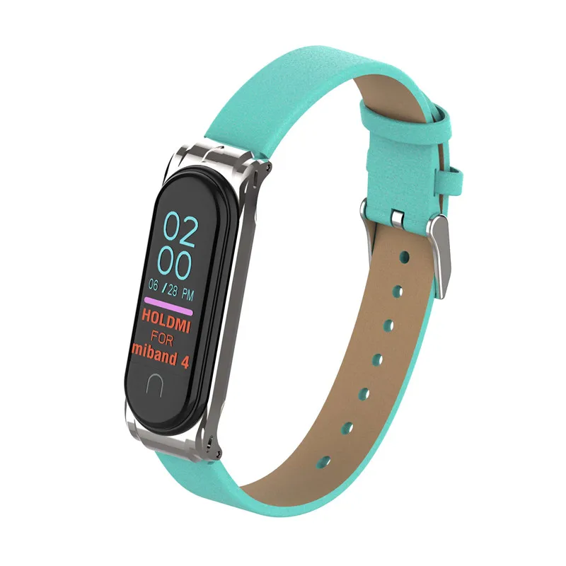 Цветной кожаный mi Band 4 3 металлический ремешок для Xiaomi mi Band 4 3 PU браслет из нержавеющей стали mi Band 4 3 сменные ремешки на запястье - Цвет: green