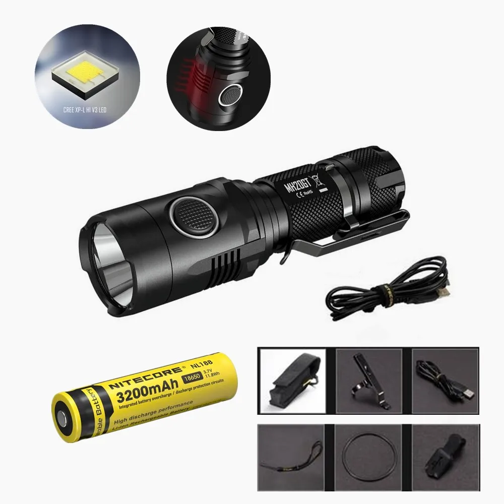 Nitecore MH20GT Flaslhight XP-L HI V3 светодиодный 1000 люмен USB Перезаряжаемый EDC фонарь с NL188 18650 3200 мАч обновление Nitecore MH20