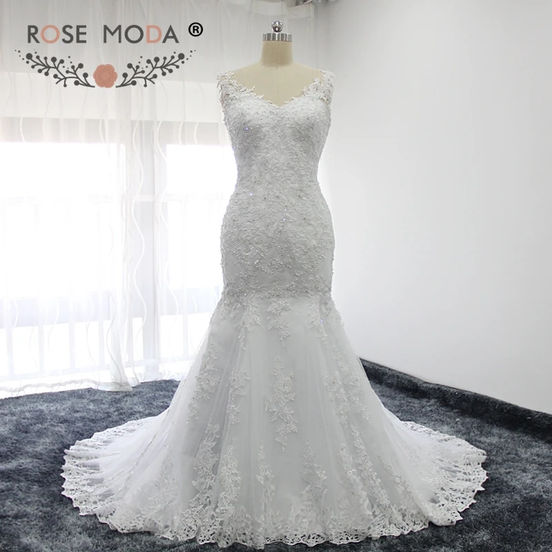 

Rose Moda V Neck Lace Mermaid Wedding Dress Sexy Open Back Lace Wedding Dresses