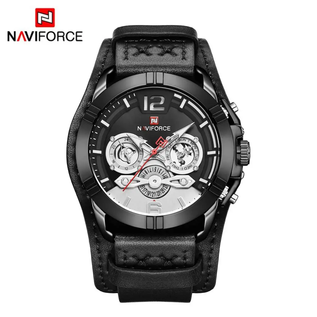NAVIFORCE мужские часы спортивные модные мужские кожаные кварцевые роскошные мужские часы бренд 30 м водонепроницаемые часы Relogio Masculino синий - Цвет: Черный