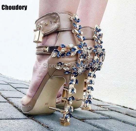 

Hot Sale Sandal Luxury Rhineston Lock Shoes Woman High Heels Sandals Sexy PVC Patchwork Summer Gladiator Sandal Women Shoes