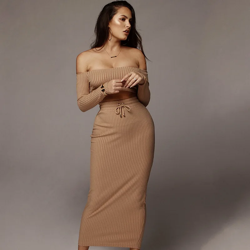 2019 Sexy Off Shoulder Bandage Dresses Womens Long Sleeve Backless Two Piece Set Dress Spring Bodycon Party Vestidos | Женская одежда