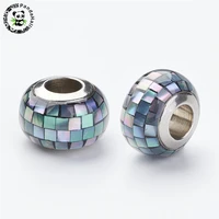 1pc 304 stainless steel rondelle large hole resin european beads with shell and enamel for jewelry making 12x8mm hole 5mm