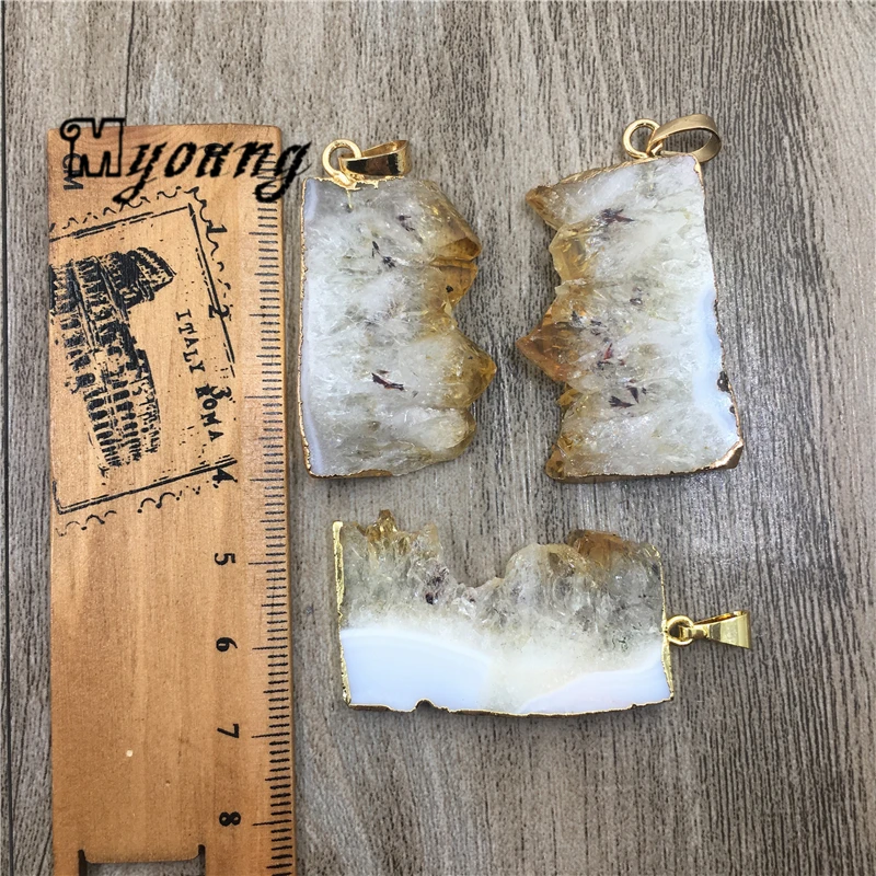Rectangle Yellow Crystal Quartz Slice Pendant Citrines Charm With Gold Bails For Necklace DIY Jewelry MY1687 | Украшения и