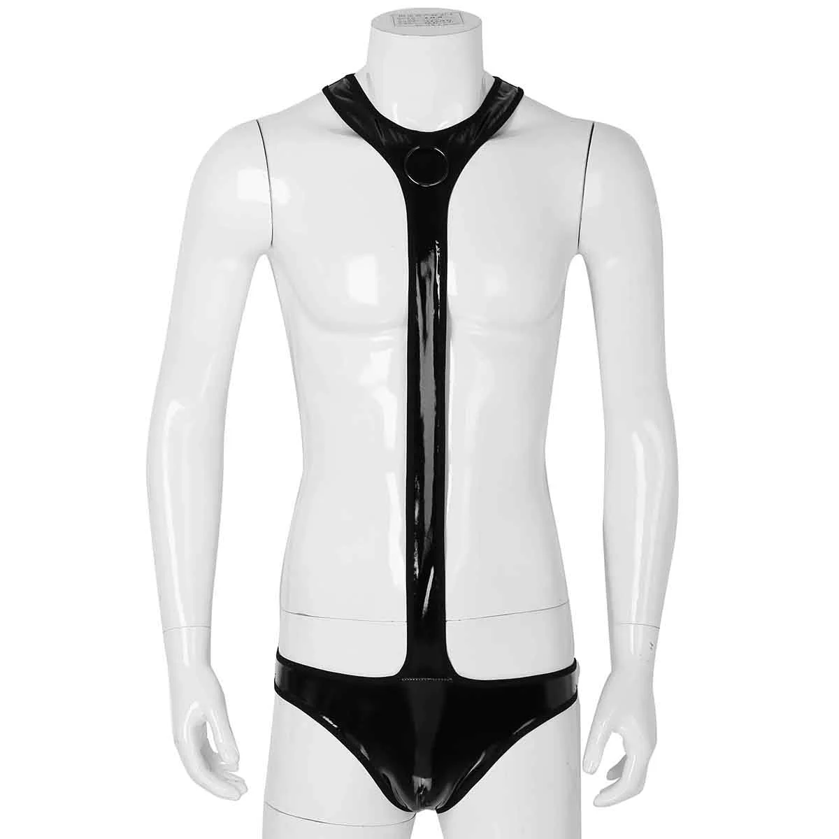 Мужской боди цельный мокрого вида из искусственной кожи с открытым задником