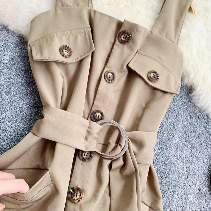 Новинка 2019 года Модные женские комбинезоны однобортные с карманами и завязками