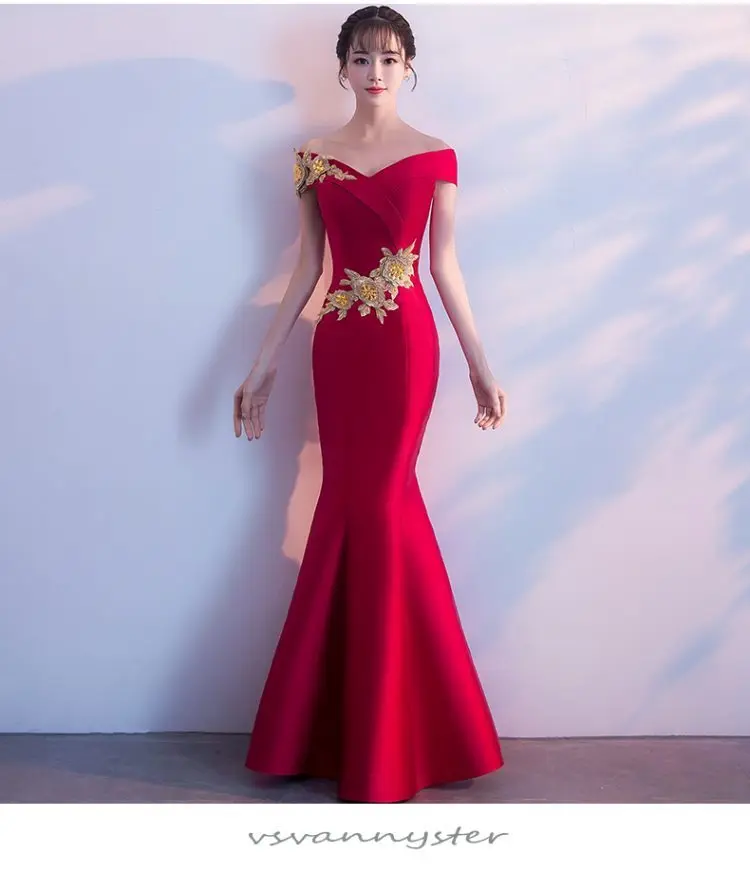 Модное платье без бретелек с вышивкой Cheongsam Красное длинное платье с хвостом русалки для Женщин Китайское свадебное платье халат Qi Pao хлопок - Цвет: red
