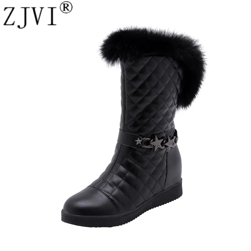 

ZJVI Women Mid Calf Snow Boots Womens Fashion Winter Warm Plush Boots 2022 Sexy Metal Round Toe Flats Woman Flat Ladies Shoes