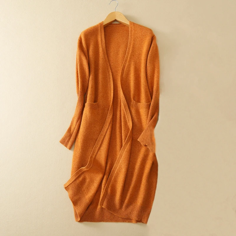 Женский длинный кардиган из 100% чистого кашемира трикотажное пальто с v-образным