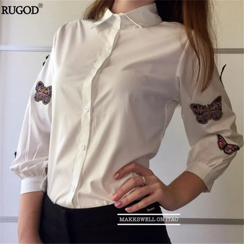 Белая Блузка 2017 Весна Лето С Длинным Рукавом Бабочка Вышивка Аппликации
