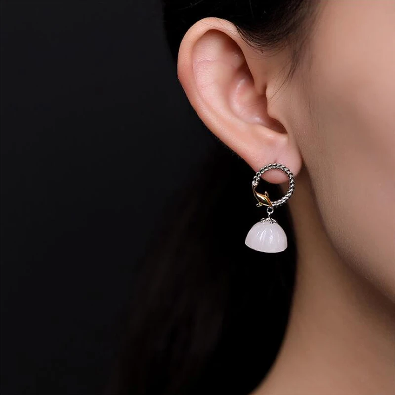 

2019 Fashion White jade Lotus Dolphin Dangle women's earring 100% Real Pure 925 Sterling Silver Drop wedding Earrings Jewelry E7