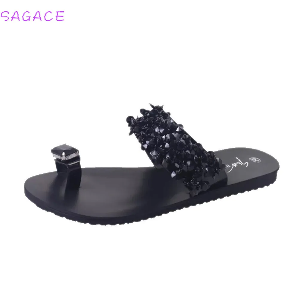 Black SAGACE женские босоножки Вьетнамки, новинка моды летнего сезона, стразы; Туфли на танкетке с украшением в виде кристаллов; женская повседневная обувь размер 35–39 - Цвет: Black