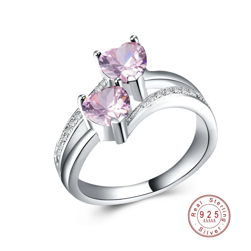 

2019 Fashion Female Rings Inlaid With Double Heart-Shaped Azure/Pink/Green Zircons Crystal Ring For Women Valentine's Day Gifts